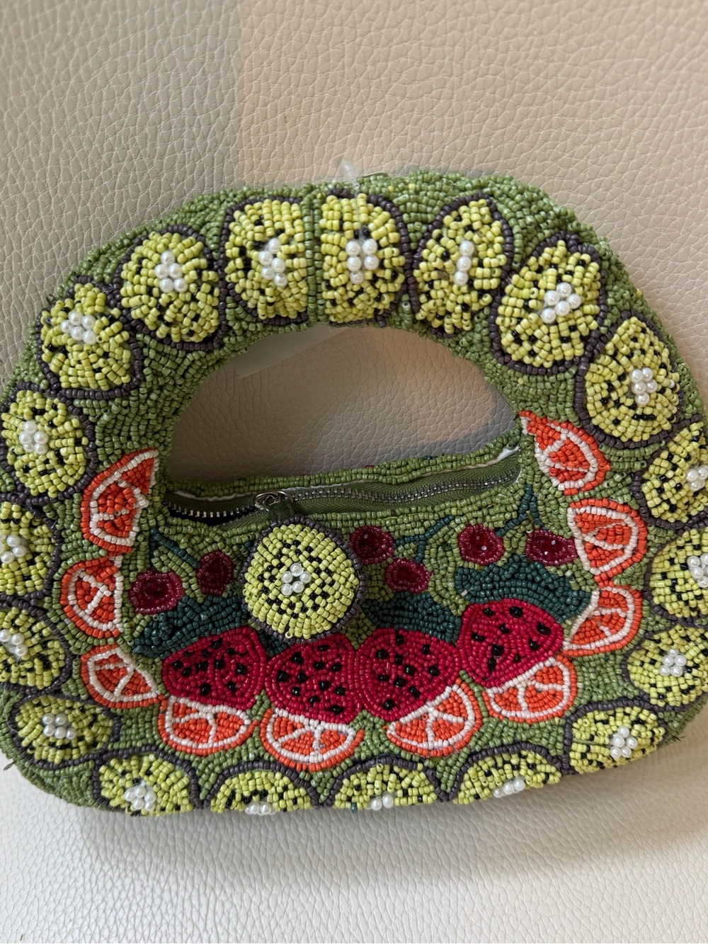 Beaded Fruit Motif Green Handbag Zip Top NWT